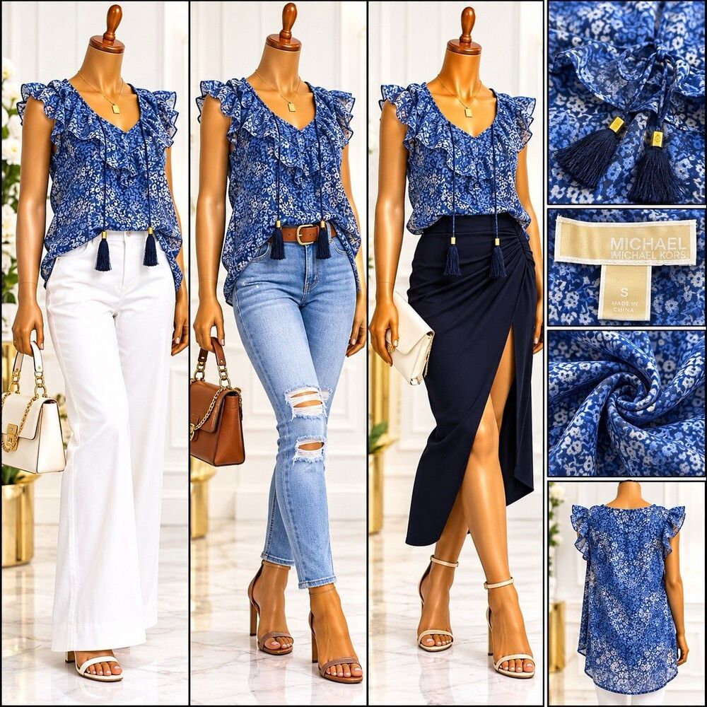 Michael Kors Womens Top S Blue Floral Ruffle Blouse Tassel Tie Boho Cottagecore